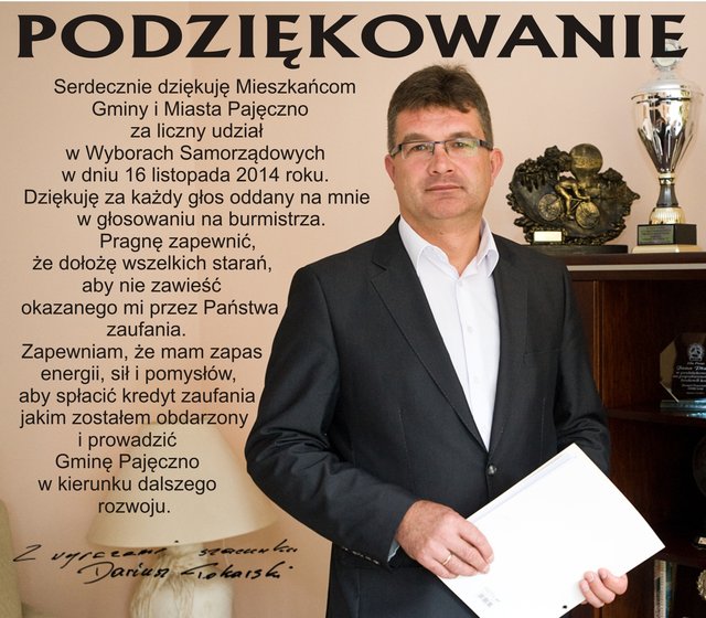 podziękowanie burmistrza pajęczna dariusza tokarskiego